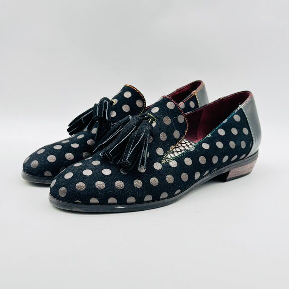 L'Artiste Shoes Womens 38 US 7.5 8 Black Gold Polka Dot Loafers Tassel Heels - Picture 2 of 13